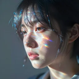 “Uwu the prismatic person close up, refracted light, caustics, light rays shining through, 4k photo”