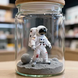 a tiny realistic astronaut walking on the moon inside a glass jar only background is a pet store. sharp focus, photography, unreal engine, trending on artstation, photorealistic, octane, trending on deviantart, unreal engine