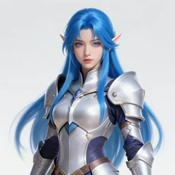 a beautiful and highly detailed digital illustration of a female elven paladin with blue hair in rose gold armor, a digital painting by lu ji, cgsociety, photorealism, daz 3 d, sketchfab, zbrush