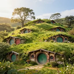 hobbit houses in a grass field hill, sunny day, ray of sunlight, volumetric, depth, of field, hypersharp, hyperdetailed, by moebius, artstation, cgsociety, 8 k