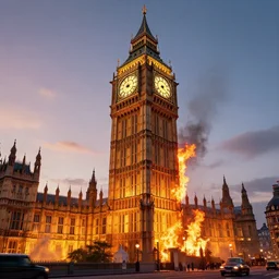 a beautiful hyperrealistic detailed 3D render of big ben burning, by Anton Otto Fischer, Atey Ghailan, genzoman, unreal engine, octane render, gigantic, 3D, brilliantly coloured, intricate, ultra wide angle, trending on artstation, embers, smoke, dust, dusk, volumetric lighting, HDR, polished, micro details, ray tracing, 8k