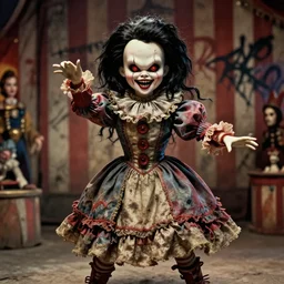film still portrait of a malignant creepy angry grinning confused scary antique filthy victorian porcelain evil clown barbie bride of chucky doll with red glowing eyes wearing a dirty dress, very long black hair, performing in a carnival circus sideshow, action pose, 8k octane render, dramatic lighting, volumetric lighting, high contrast, graffiti, the ring movie, Guillermo del Toro, Craig Mullins, Arney Fretag, Annie Leibovitz, vintage photo from 1890