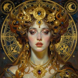 hyper realistic painting portrait of madness queen, occult diagram, elaborate details, detailed face, intrincate ornaments, gold decoration, occult art, oil painting, art noveau, in the style of roberto ferri, gustav moreau, jean delville, bussiere, andrew gonzalez
