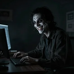 a creepy smiling man sitting in the dark looking at a computer screen, highly detailed 4K photo