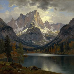 a beautiful painting of a serene landscape with a lake in the foreground and jagged mountains in the background, by Albert Bierstadt