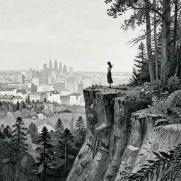A lonely woman, distant city, forest, cliff, illustration by Paul Gustave Doré