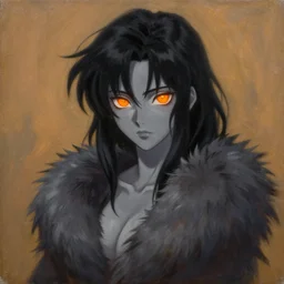 anime wolfgirl with shaggy black hair, glowing orange eyes, grey skin and furry arms, oil painting, by Fernanda Suarez and and Edgar Maxence
