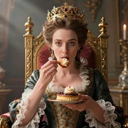 highly detailed closeup, simple hand gestures, straight fingers, portrait of marie antoinette wearing a crown and sitting on a throne eating cakes, unreal engine, nicoletta ceccoli, mark ryden, earl norem, lostfish, global illumination, god rays, detailed and intricate environment