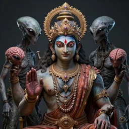 indian gods killing aliens brainsuckers, perfect face, fine details, studio lighting, subtle shadows, art by katsuya terada, photorealism, hyper realism, octane render, hyper detailed, canon eos r 3, f / 1. 4, iso 2 0 0, 1 / 1 6 0 s, medium shot, 8 k, raw, unedited, in - frame,