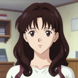 lighting by james gurney. close headshot. apartment bg. screenshot of a scene in neongenesisevangelion of miss katsuragi misato painted by norman rockwell. shoulderlength wavy dark purple hair. trendy 1 9 9 0 s attire. ro 3. digital. trending on artstation. masterpiece. contributions by mangakas kaoru mori, tsukasa ho