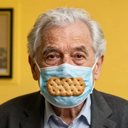 cartoon of an elderly man wearing a mask made from cookies, bold natural colors, national geographic photography, masterpiece, 8 k, raw, unedited, symmetrical balance