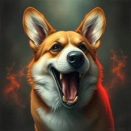 evil corgi doge laughing maliciously, horror, lovecraft