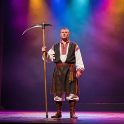 theatre stage, romanian man in traditional romanian clothing with scythe, traditional romanian clothing, concept art, dramatic lighting, beautiful, volumetric lighting, colorful, octane render
