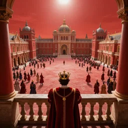 First person view of a king from the balcony of the palace looking down contemplating the crowded royal square, red toned, royalty, kingdom, medieval fantasy, vibrant colors, by andreas rocha and john howe, and Martin Johnson Heade, featured on artstation, featured on behance, golden ratio, ultrawide angle, f32, well composed, rule of thirds, center spotlight, low angle view