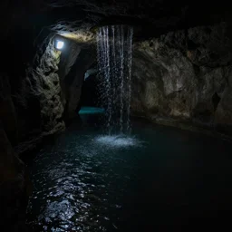 an underground water park, dingy, dark lighting, after hours, dark,