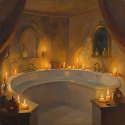 painting of an interior of a bath house with candles, fantasy, concept art, by greg rutkowski and craig mullins, cozy atmospheric and cinematic lighting, trending on artstation