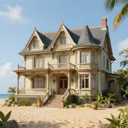 beautiful old house in beach with high detail, 8 k, stunning detail, works by artgerm, greg rutkowski and alphonse mucha, unreal engine 5, 4 k uhd