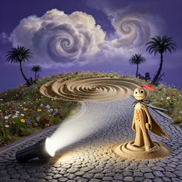 flash light, sand sculpt, curled perspective digital art of spiral clouds cobblestone street with wildflowers top of a hill with spiral palmtrees from nightmare before christmas. horton hears a who!