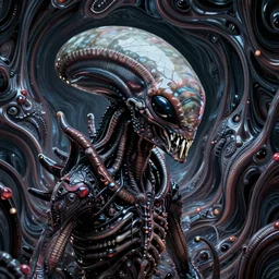 space alien, slimy, glossy, sharp teeth, by h. r. giger, nightmare fuel, nightmarish, intricate, highly detailed, optical illusion, stranger things demogorgon