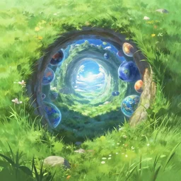 close-up of a multi-dimensional portal leading to many worlds in a lush grassy plain, a fantasy digital painting by Makoto Shinkai, trending on Artstation, highly detailed