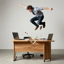 Guy jumping on a desk and breaking it, photograph 4k