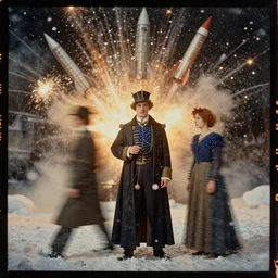 kodak portra 4 0 0, wetplate, muted colours, blueberry, 1 9 1 0 s style, motion blur, portrait photo of a backdrop, explosions, rockets, sparkling, king ludwig, snow storm, by georges melies and by britt marling