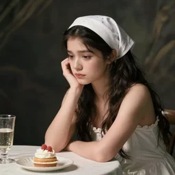 a girl with a white headkerchief sitting alone on a birthday table looking sad