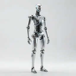 titanium cybernetic endoskeleton in a white room : : transparent shell made of glass : : full body shot