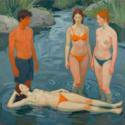 The conceptual art depicts four bathers in a stream or river, with two men and two women. The bathers are shown in different positions, with one woman lying down and the other three standing. The conceptual art has a very naturalistic style, with trademark use of bold colors and brushstrokes. The overall effect is one of a peaceful scene, with the bathers enjoying the refreshing water. cool orange by Philip Treacy, by David Burliuk, by Mary Blair