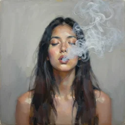 minimal abstract painting, candid portrait of a very very beautiful! young filipino woman with very narrow face, closed eyes and flowing long hair, blowing smoke from her mouth, surrounded by thick swirling smoke, face is obscured, by conrad roset, long brush strokes, dramatic lighting, trending on artstation