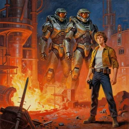 painting used for a pulp science fiction novel from the 50s inspired by ilm, beeple, star citizen halo, mass effect, starship troopers, elysium, iron smelting pits, high tech industrial, warm saturated colours
