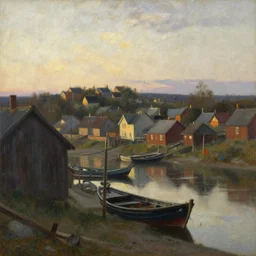 oil painting of fishing village in dawn by anders zorn, wonderful art by greg rutkowski, incredible lighting, shadows, beautiful cinematic light