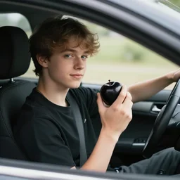 gay teenager grabbing an black apple while hes inside the car