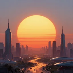 a giant sun, sunset with futuristic city under sun, futuristic lanscape, cyberpunk art by ilya kuvshinov, denis villeneuve tom anders zorn hans dragan, instagram contest winner, retrofuturism, synthwave, retrowave, darksynth