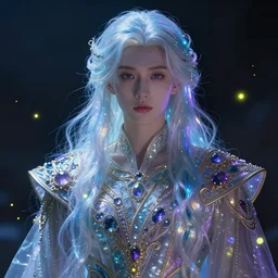 portrait, light god in ornate clothes, quartz, translucent blue, purple, fireflies, glow, very detailed, realistic, cimematic lighting, accent lighting, octane render, greg rutkowski, lois van baarle, ilya kuvshinov, alphonse mucha, 1 6 k, character illustration