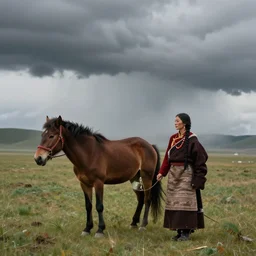 a woman in tibetan dress leads a horse on the steppe amid a storm and fog, by craig mullins