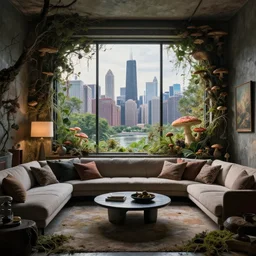 fantastical living room with chicago landscape in the window by marc adamus, beautiful dramatic lighting, overgrown with funghi, style by peter deligdisch, peterdraws