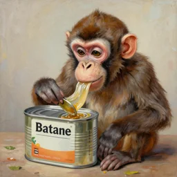 an anthropormorphic tin can eating a monkey, painting
