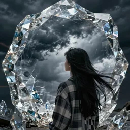 a girl with flowing black hair and chequered robe is watching a storm inside a symmetrical crystal. atmospheric