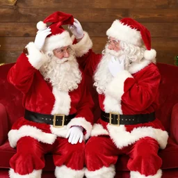 santa claus is sitting on santa claus's knee, photography, sharing hat with santa