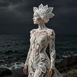 a woman standing by the sea, made of intricate decorative lace leaf skeleton, in the style of the dutch masters and gregory crewdson, dark and moody