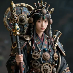 hyper realistic portrait of postapocalyptic japanese death cult monk girl staff and shield, glass beads, clay amulets, gears, machineparts, tubes, cinematic, artstation, cgsociety, pascal blanche