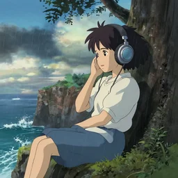 A Beautiful Anime Girl with Short Black Hair wearing Headphones, Listening to music, sitting against a tree, on a cliff, cloudy, rainy, ocean waves, epic, beautiful, masterpiece, glowing, Ghibli