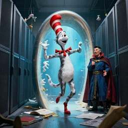 the third first image on the scattered absurdity server, dr seuss, and dr strange, very pretty, portal hopping and time warping with wild reckless abandon, dramatic atmosphere, photo realistic, hyperrealism, octane, vray, by greg rutkowski, jacek yerka, dan mumford