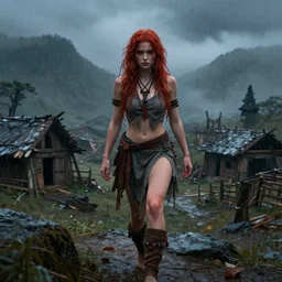 a beautiful gorgeous girl, messy long red hair and wet grey tribal clothes, she is walking on a mountain, in front of a very poor old shanti town with wooden ruins, medieval era, heavy rain, late at night, mist, cinematic, highly detailed, powerful, cinematic, beautifully lit, by artgerm, by karol bak, 3 d, trending on artstation, octane render, 8 k