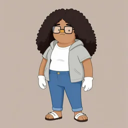 A Curvy Woman with #E0A37A Skin color, South East Asian with long, Puffy, Afro hair, Small Square Glasses, light grey hoodie opened, white T-Shirt, White gloves, Denim Jeans, Birkenstock sandals, Character art, by cross_samaX, minus8, Andro Juniarto, Adventure Time, Calarts