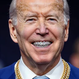 photo of joe biden with sparkling diamond grills and excessive gold jewelry, bling
