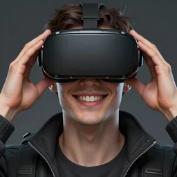 Portrait of a man by Greg Rutkowski, symmetrical face, a young man using a VR headset, with a crooked smile, highly detailed portrait, scifi, digital painting, artstation, book cover, cyberpunk, concept art, smooth, sharp foccus ilustration, Artstation HQ