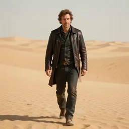 Picture of a single wanderer in black and brown leather clothes, wandering the desert landscape, full of wonders, portrayed by Bob Odenkirk, detailed face features, beautiful, walking towards you, realistic, low fantasy, extremely detailed, trending on artstation, artstationHD, artstationHQ, cgsociety, HD, 8K, Cinema quality, award winning shot, cinematic, no extra characters