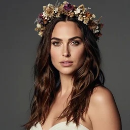fine art photo of the beauty goddess gal gadot, she has a crown of dried flowers, by oleg oprisco